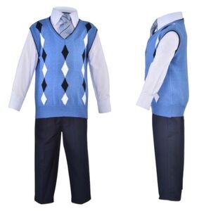 NWT James Morgan Blue & White Sweater Vest, Shirt & Pant 4 Piece Set with Tie